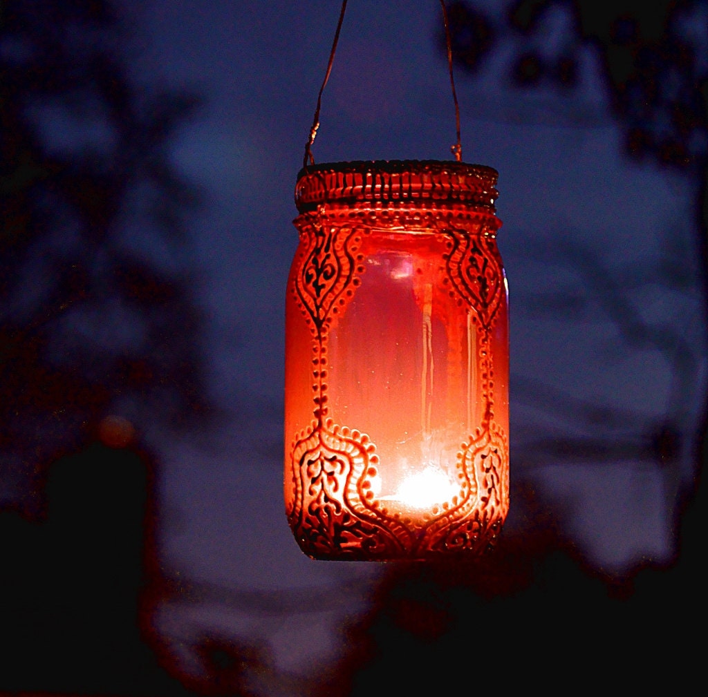Hand Painted Mason Jar Lantern, Violet Glass with Gold Accents