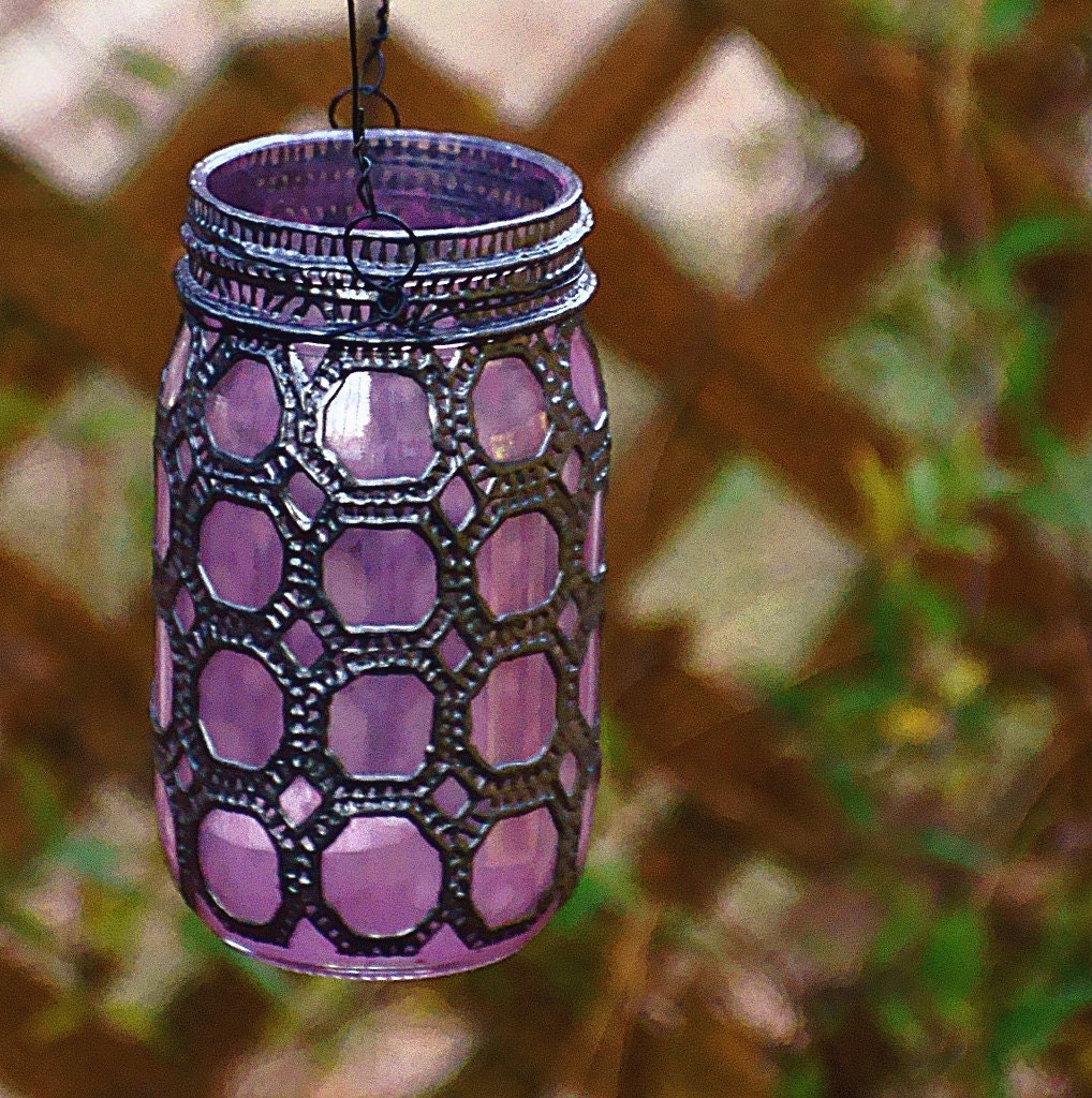 Hand Painted Mason Jar Lantern, Violet Glass with Gunmetal Accents