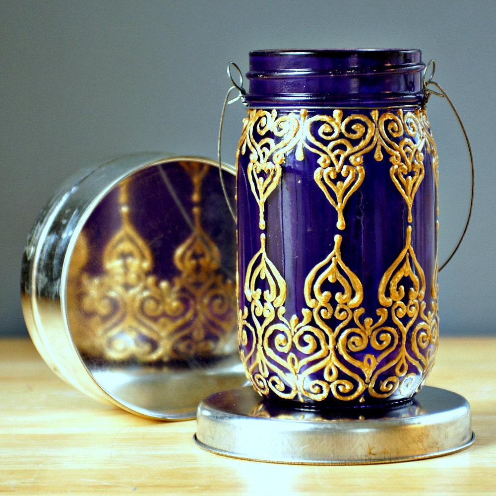 Hand Painted Mason Jar Lantern, Royal Purple Glass with Golden Detailing