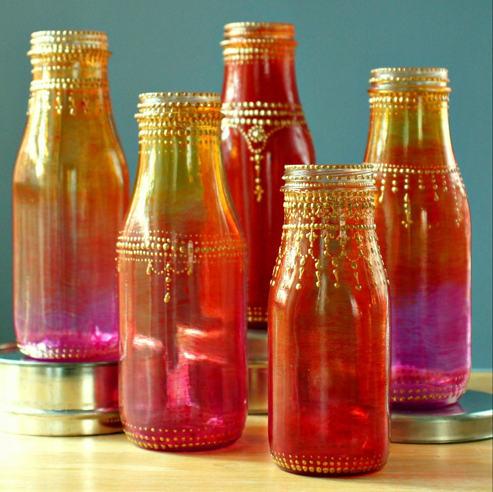 Group of Five Hand Painted Flower Bud Vases, With Colorful Ombre Glass from Ruby Red to Intense Pink, with Gold Accents