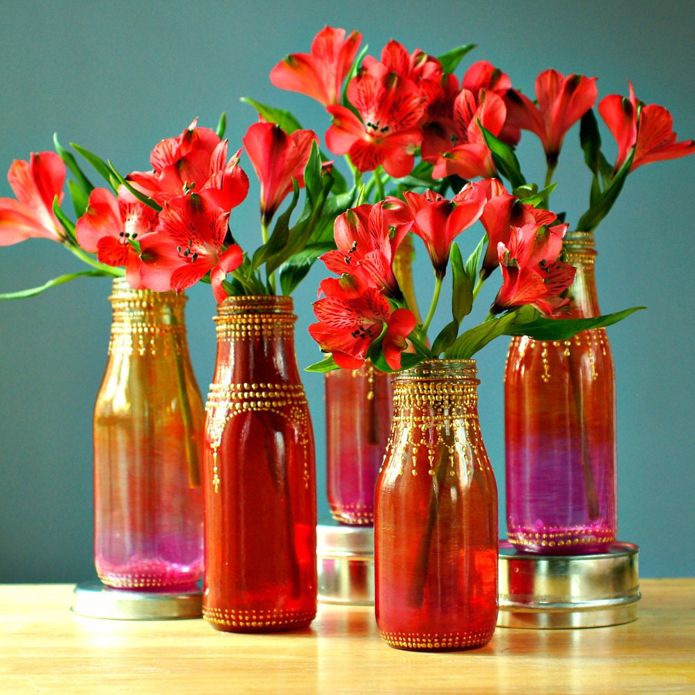 Group of Five Hand Painted Flower Bud Vases, With Colorful Ombre Glass from Ruby Red to Intense Pink, with Gold Accents