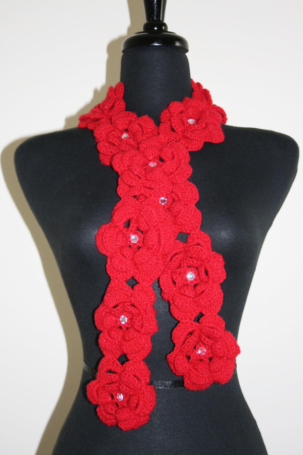 Flower scarf: "Roses Are Red" -Original, elegant and fun crochet flower scarf in red heart shimmer DK with clear faux crystal centers