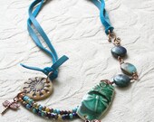 Leather Dragonfly Necklace Multi Strand Ceramic Pendant Blue Emerald Green Boho Jewelry