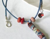 Octopus' Garden Lampwork Tube Bead on Leather Necklace Sterling Silver Mru Mru Artisan Glass Blue Red Beach Jewelry