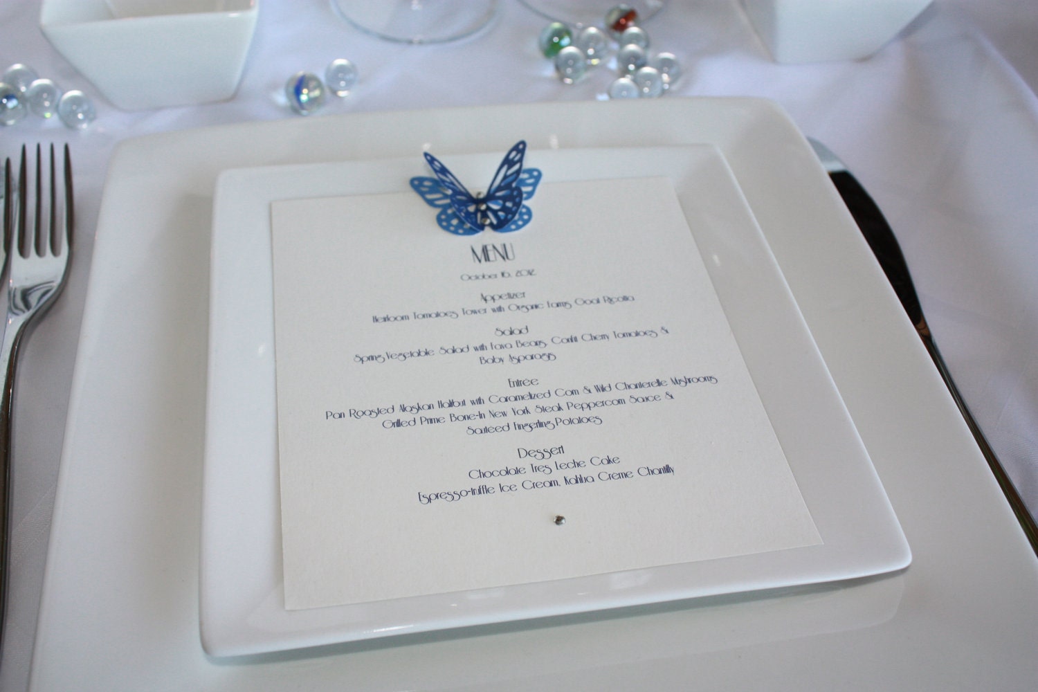 Blue Winter 3D Butterfly Menu Card with Swarovski Crystals for Wedding and every party.