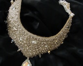 Bead embroidery Bridal statement necklace,Swarovski,Pearls,Sterling silver,CLEARANCE SALE