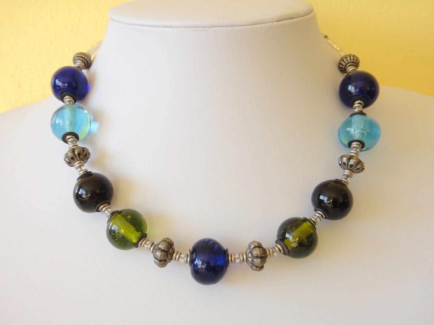 Handmade Recycled GLASS and Ethiopian Silver Beads Necklace FREE Earrings Upcycled Kitengela Glass Multi Color. MapenziGems G06