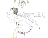 Green mistletoe fairy sending handkiss. Romantic fantasy picture postcard, set of 6. Card love angel water colour Christmas Valentine's day