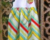 GIRLS TANK DRESS with contrasting fabric and hand-sewn yo-yo- chevron sizes 6mo-6