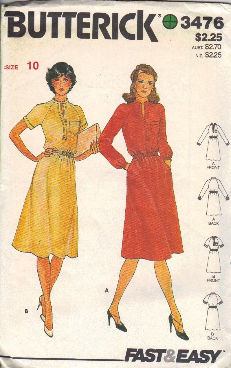 Butterick Sewing Pattern 80s Loose Fit Dress Long Short Sleeve Knee Length Collarless Belted Disco Style Boho Bust 32
