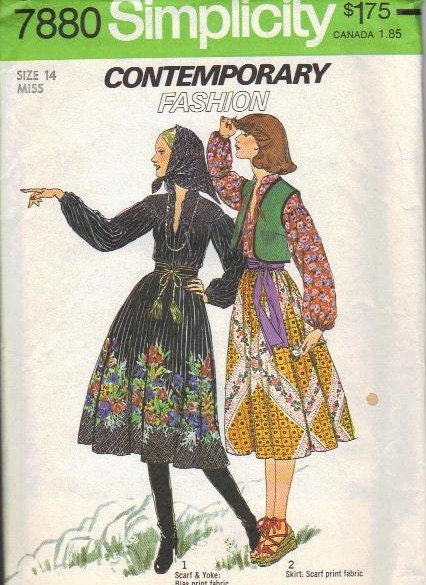 Simplicity Sewing Pattern 1970s Boho Blouse Long Sleeves Vest Full Gathered Skirt Head Scarf Uncut FF Bust 36