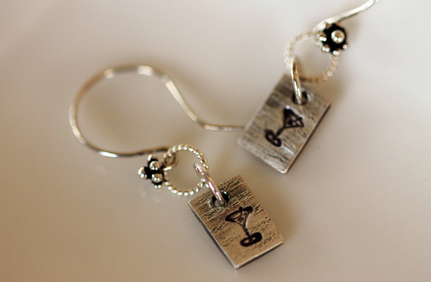 martini earrings, dangle, fine silver, metalwork jewelry by girlthree