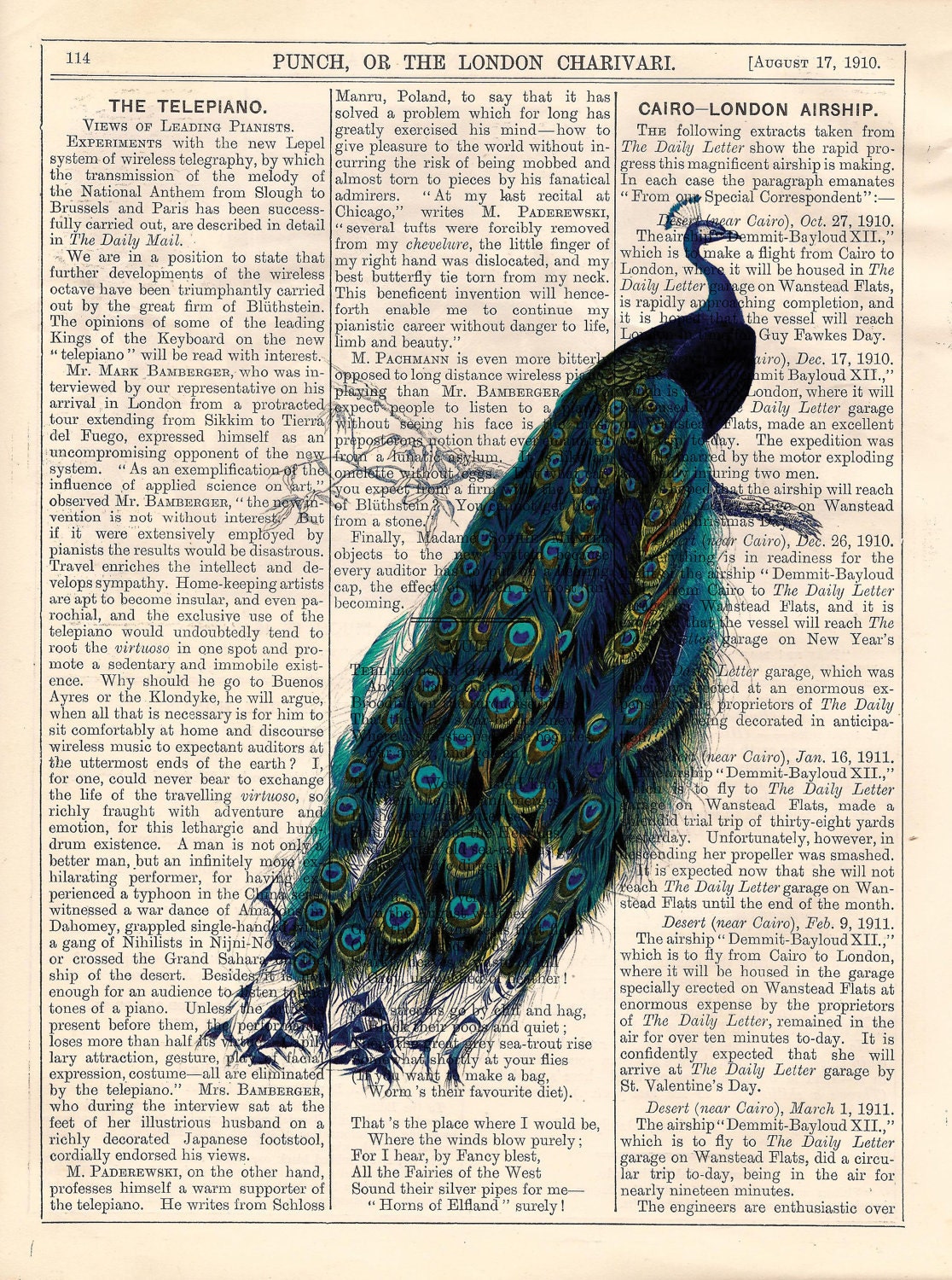 Upcycled Vintage Book Page Art Print of A Peacock