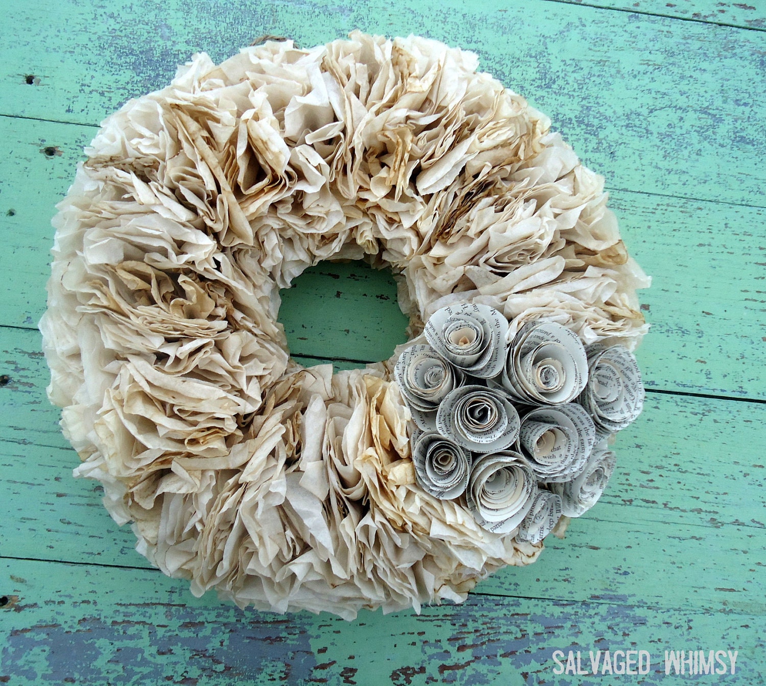 Neutral Coffee Filter Wreath with Handmade Paper Flowers