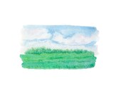 Field and Sky Watercolor - Happy, Summer, Blue Sky, Clouds - Print of Watercolour