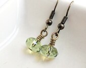 Peridot earrings - glass bead earrings - green drop earrings - green bead earrings - brass earrings - olive earrings