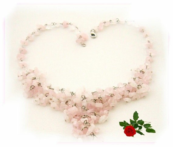 Pink Necklace - Rose Quartz Gemstone Chips Y-Shape Necklace - Handmade Fashion Jewellery