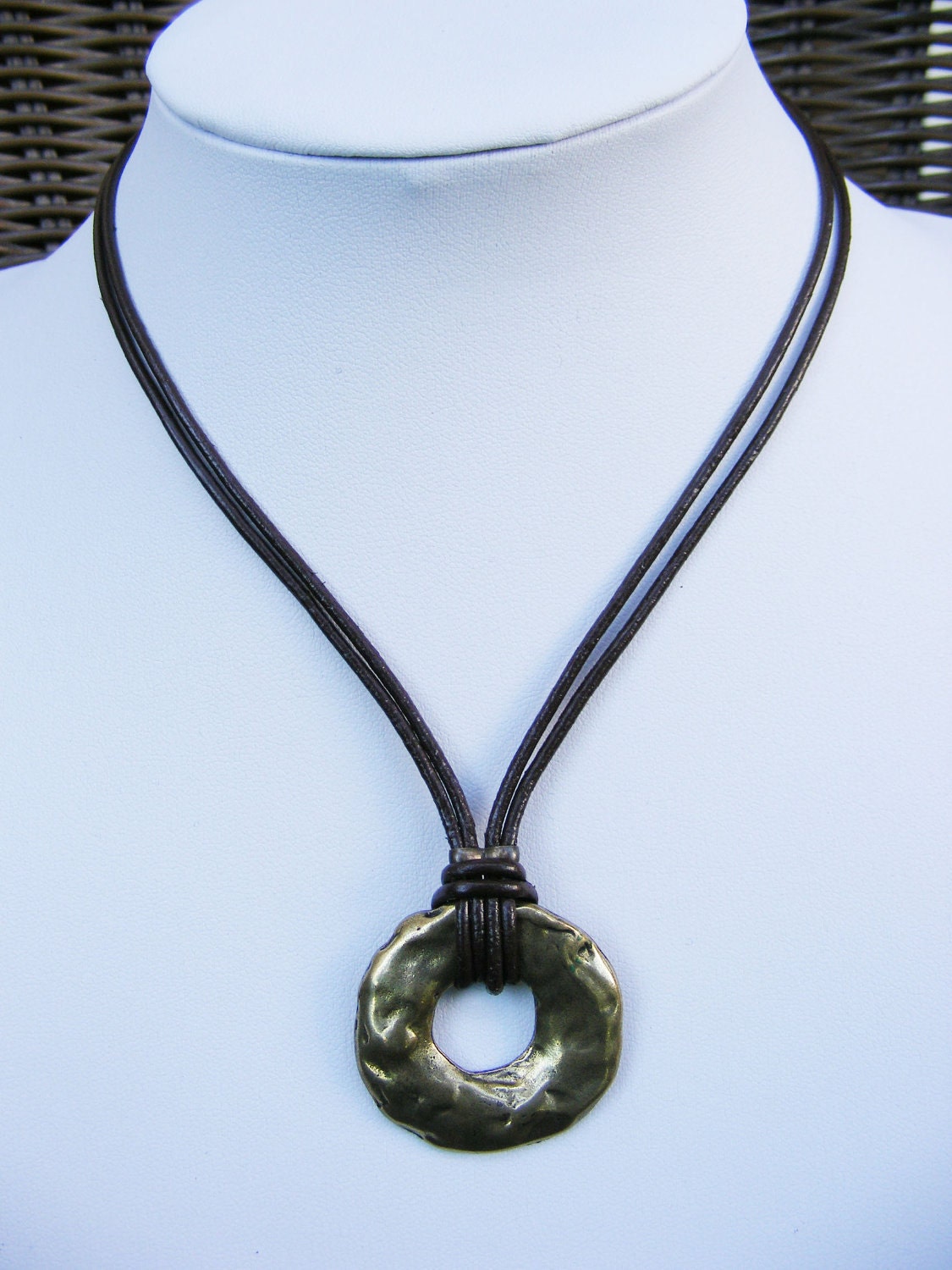 Brown Leather Necklace with Bronze Circle Pendant