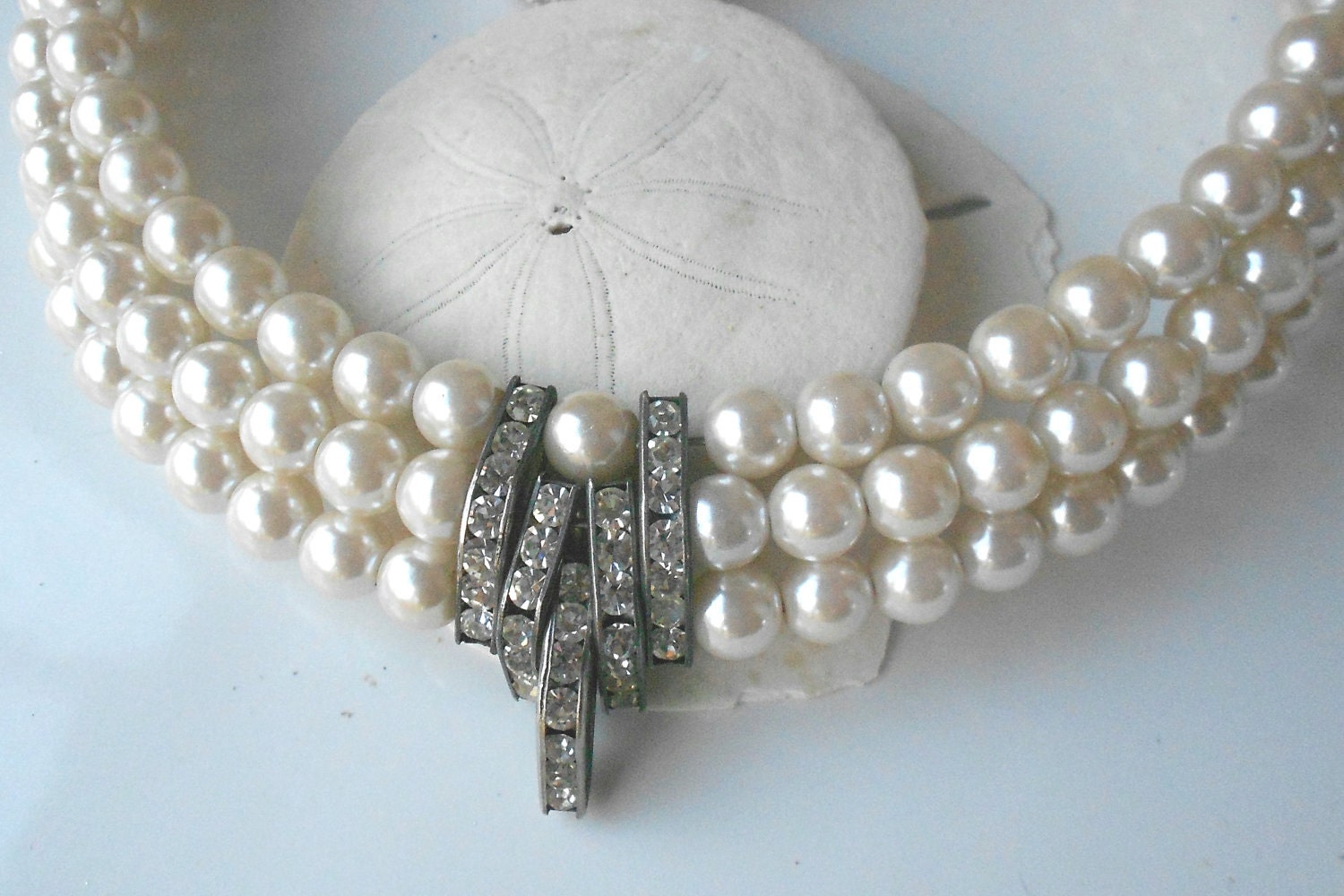 Vintage art deco bridal collar- 3 row pearl with rhinestones jewelry necklace