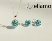 Light blue crystal ball necklace and earrings, sterling silver, Swarovski disco ball, aquamarine, something blue, pendant and stud earrings
