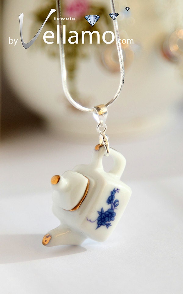 Delicate square shaped sterling silver teapot, blue and white and gold rim pendant, porcelain, fashion pendant and necklace