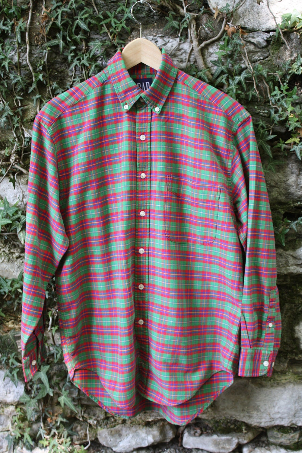 Vintage Gap Bright Red Green Plaid Shirt Mens Small