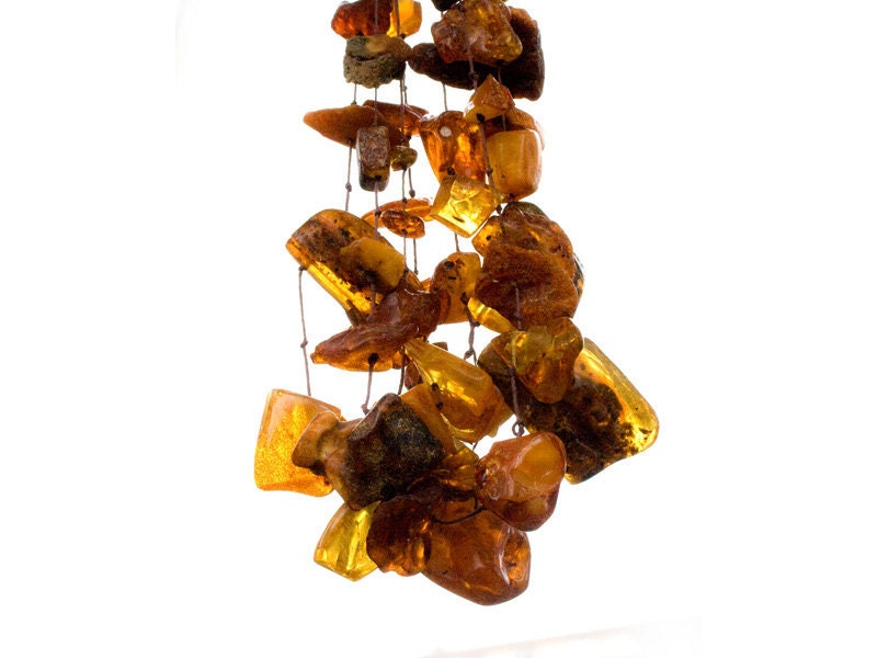 Statement necklace, BIB, big chunky amber nuggets on knotted hemp