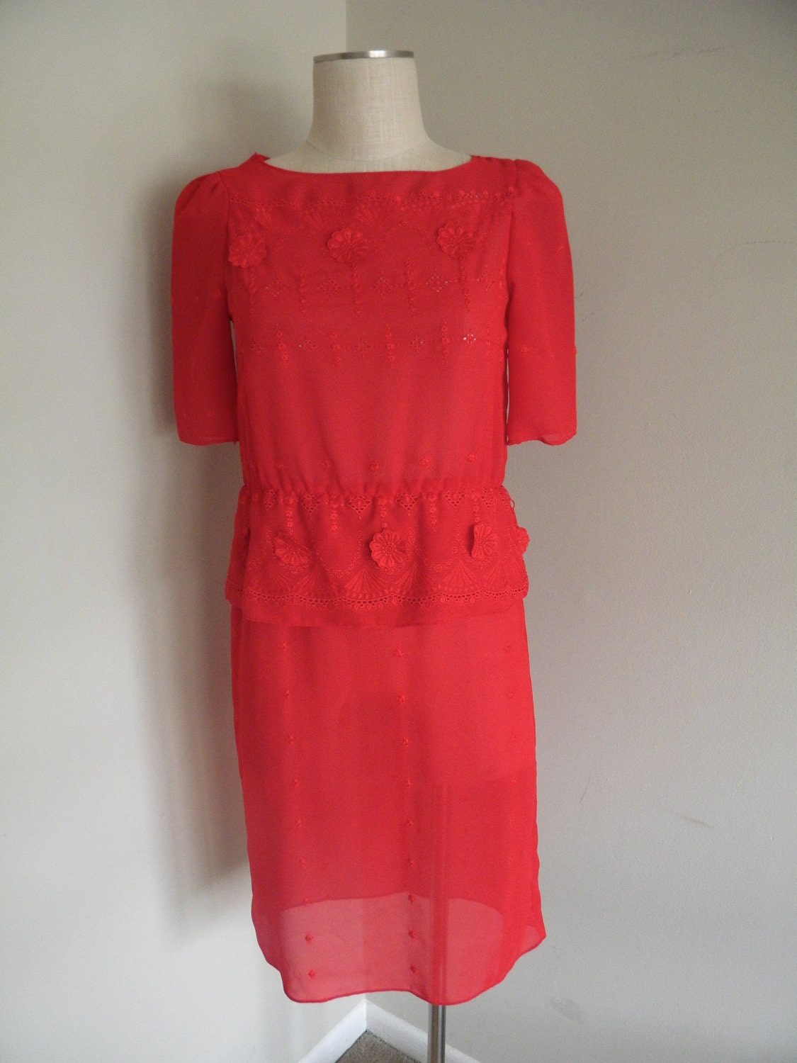 1970s Unique Red Sheer Chiffon Peplum Dress w/ Eyelet Detail Size S/M