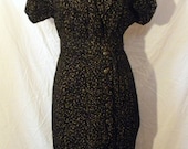 1980s Glitzy Gold Confetti Print Mermaid Skirted Dress w/ Buttons & Matching Belt Size S