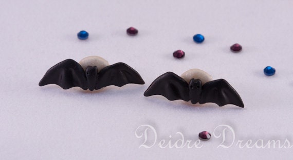 Bat Earrings - Goth Lolita Stud Post Back Earrings - Polymer Clay Earrings Sculpted - Halloween Earrings - Spooky Bat Jewelry