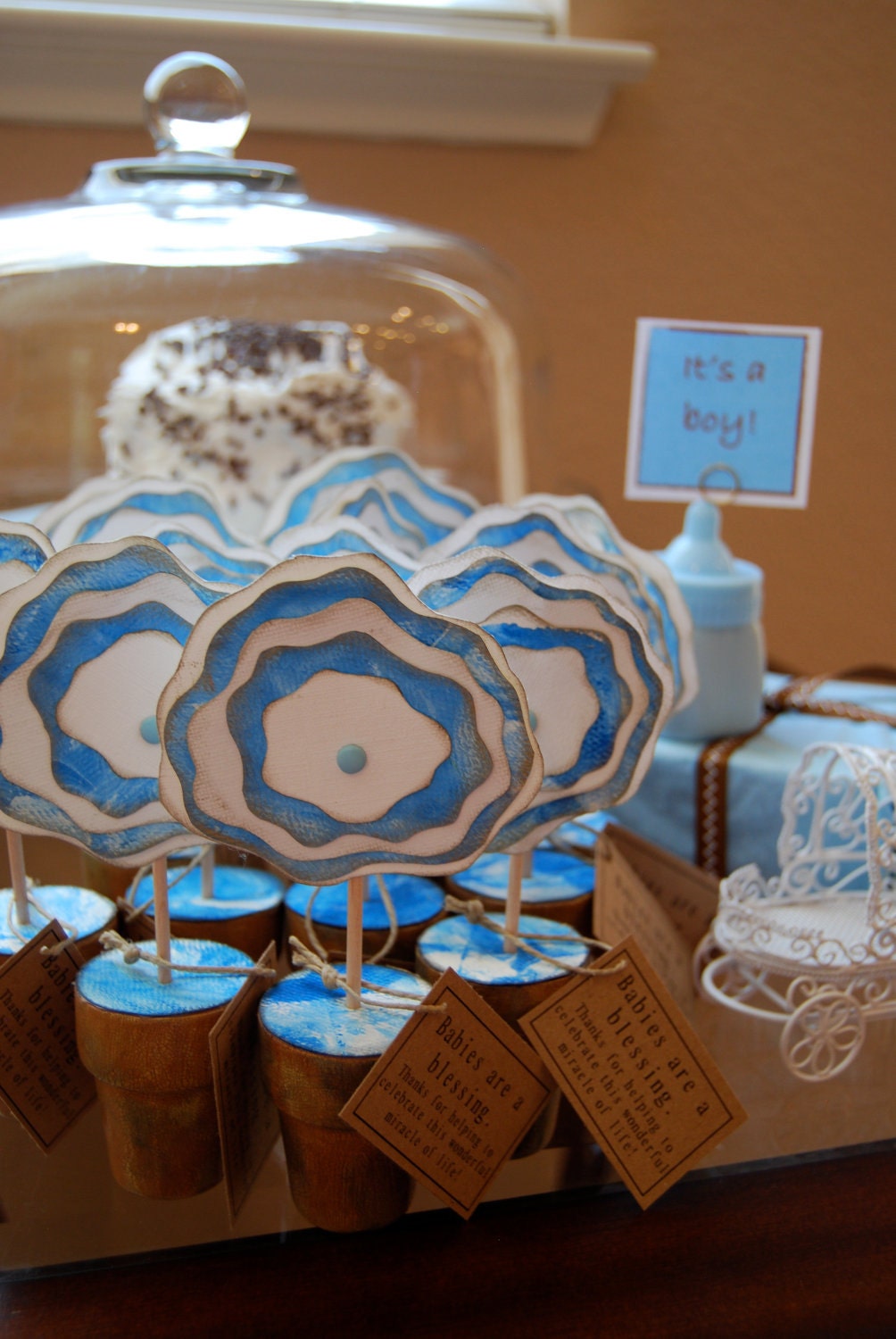 12 Baby Shower Party Favors, Blue Canvas Flowers, Newborn Boy - 12 flowers