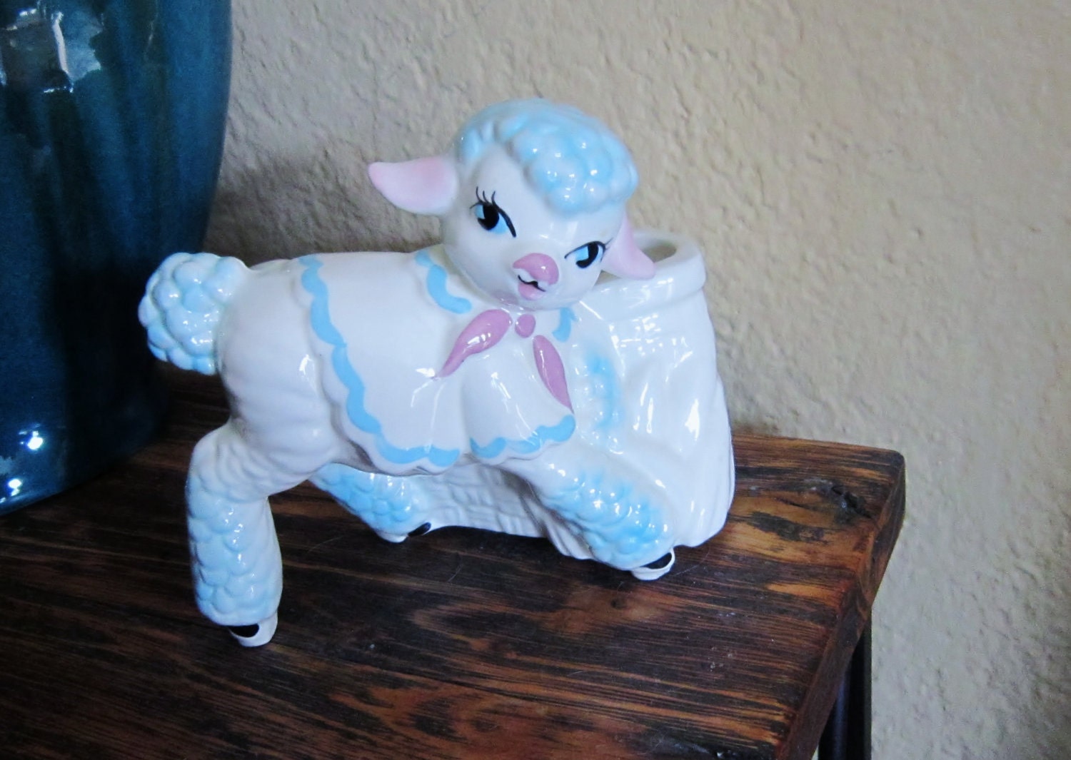 Vintage Lamb Planter / Vase Blue, Pink White and Adorable