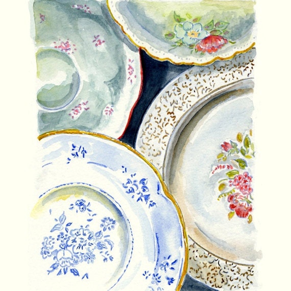 Still Life Kitchen Decor of Original Watercolor Painting -- Vintage Plates 2