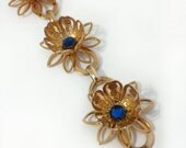 Vintage Gold Flower Bracelet with Blue Rhinestones