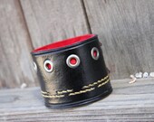 Black Leather Cuff  "The Ruse" Carved Tooled Recycled Bangle Bracelet Wristband Design Rustic Primitive Jewelry OOAK Distressed Antique