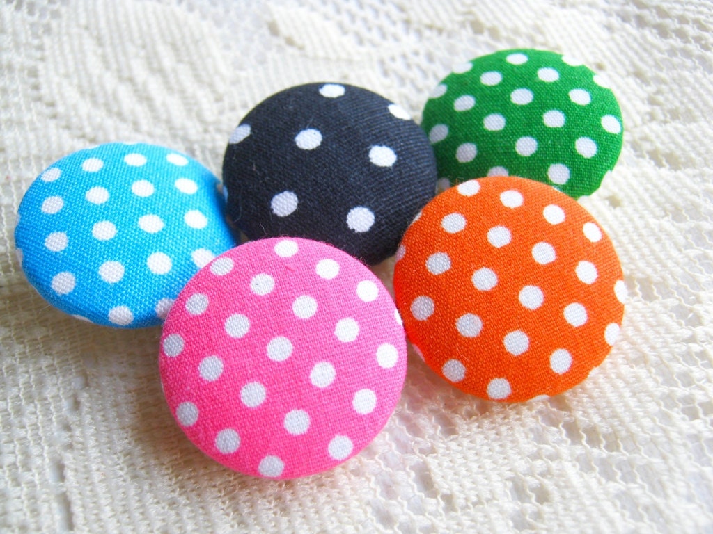 Fabric Buttons, Fabric covered button, Polka dot, pink green blue black Orange Set 5pcs,25mm, woman, summer, spring, cute ,quilt, handmade