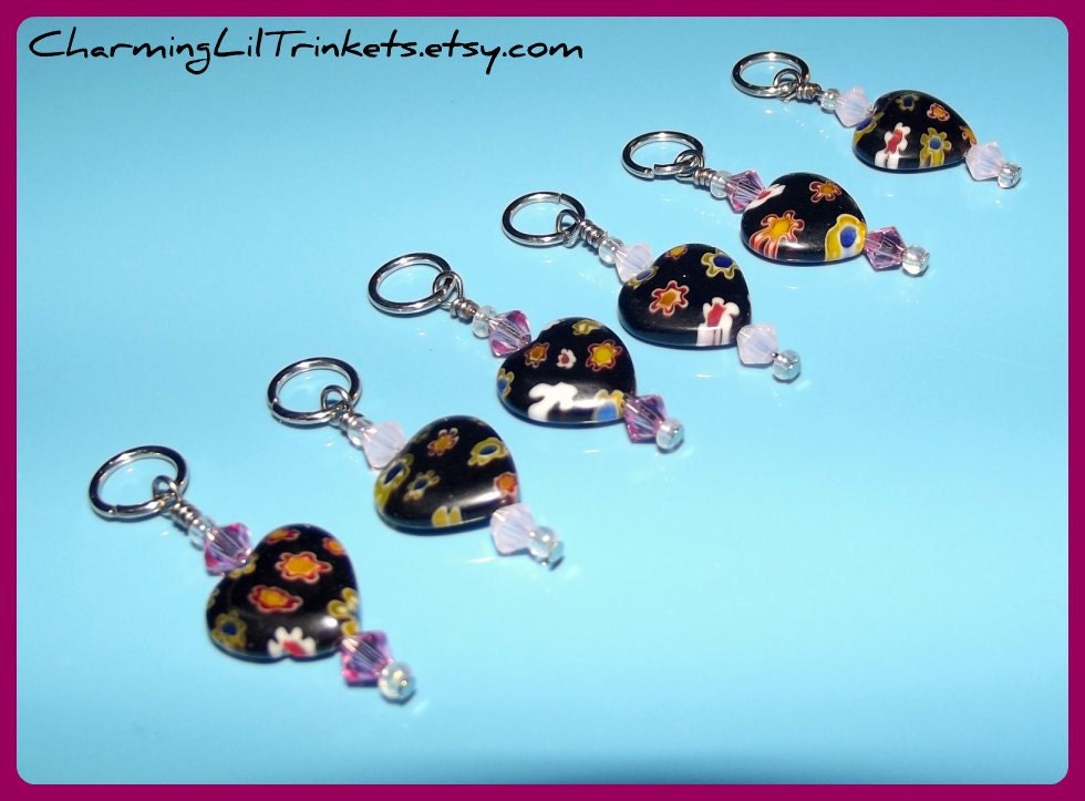 Stitch Markers - Millefiori Hearts with Pink Swarovski Crystals - Set of Six