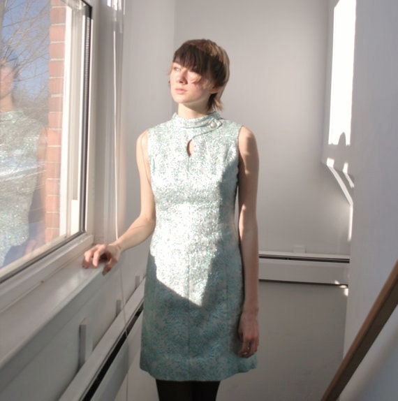 vintage turquoise evening dress - sleeveless short silvery - size four to six