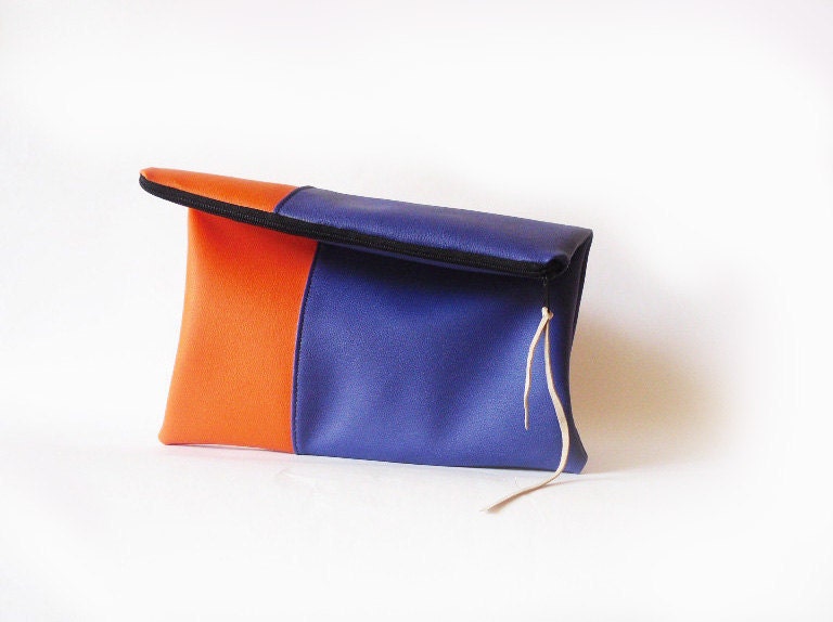 Clutch purse vegan leather, Cobalt Elactric blue Orange Tangerine