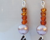 orange and brown bead earrings pearl dangle silver ooak