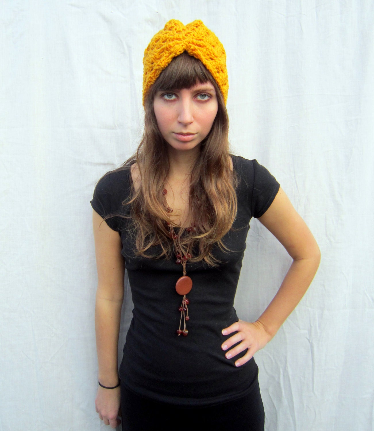 yellow, bold, unique, shell pattern, crochet turban hat