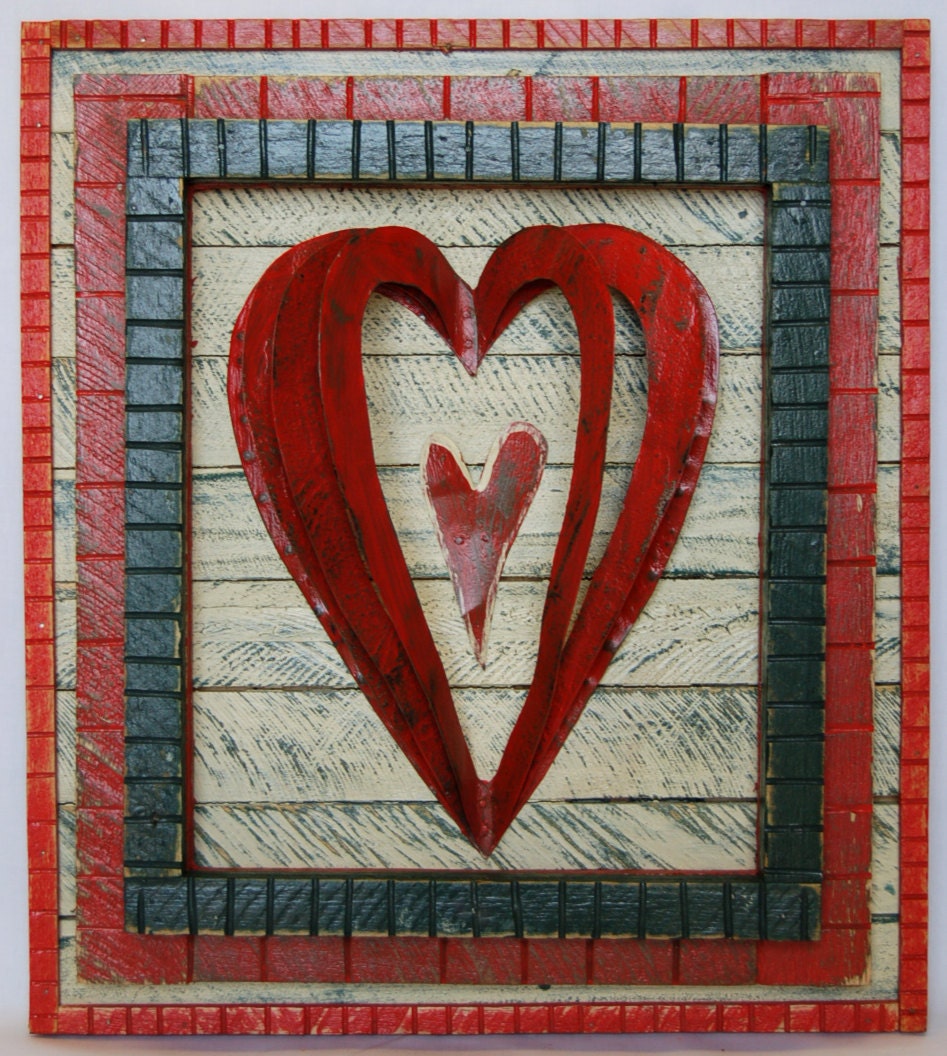 LOVE Folk Art Reclaimed Wood & Metal Heart Rustic Wall Decor