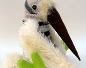Cream Beaky Bird - Handmade plush sculpture - with woollen body, large brown felt beak, furry wings and green felt feet