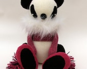 Woollen Panda - Handmade plush sculpture - black and white woollen body with black felt ears - wearing pink woolly pullover.