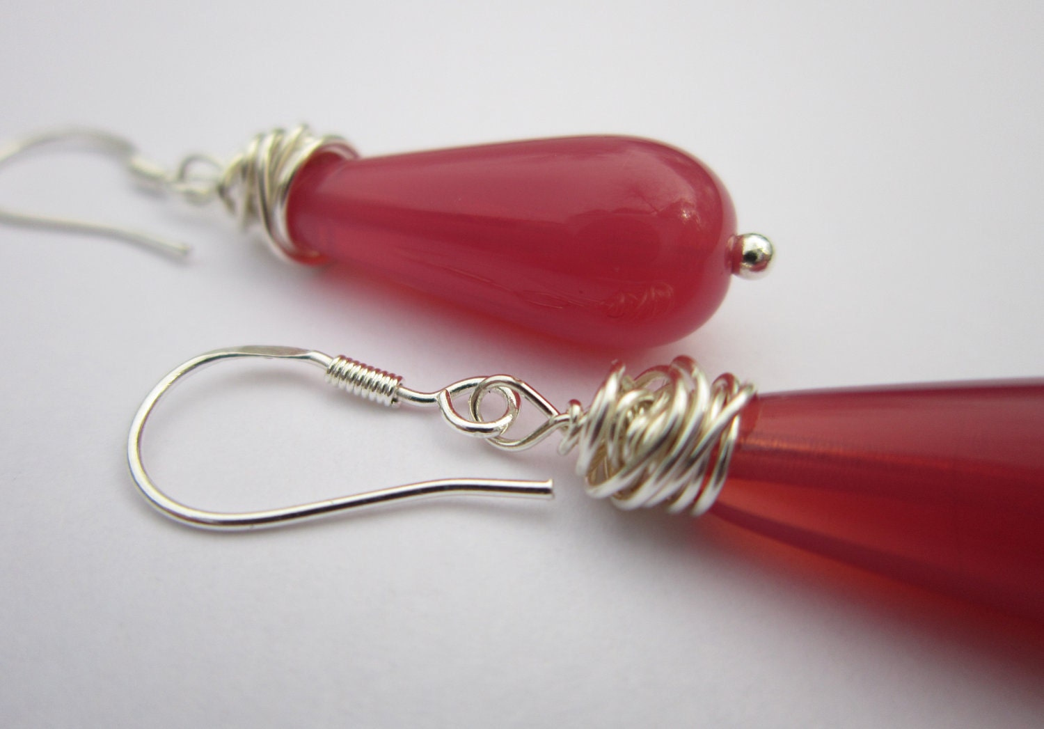 Silver Wrapped Coral Pink Czech Glass Drop Earrings - - Casual, Unique, Every Day, Mother's Day, Prom, Love, For Her