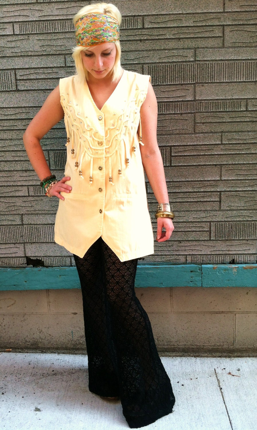 VINTAGE FRINGED BEADED Pastel Yellow Embellished Button Down Vest/Mini Dress