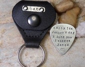 Personalized Guitar Pick & Black Leather Guitar Pick Holder/ Nickel Silver Guitar Pick/ Fathers Day