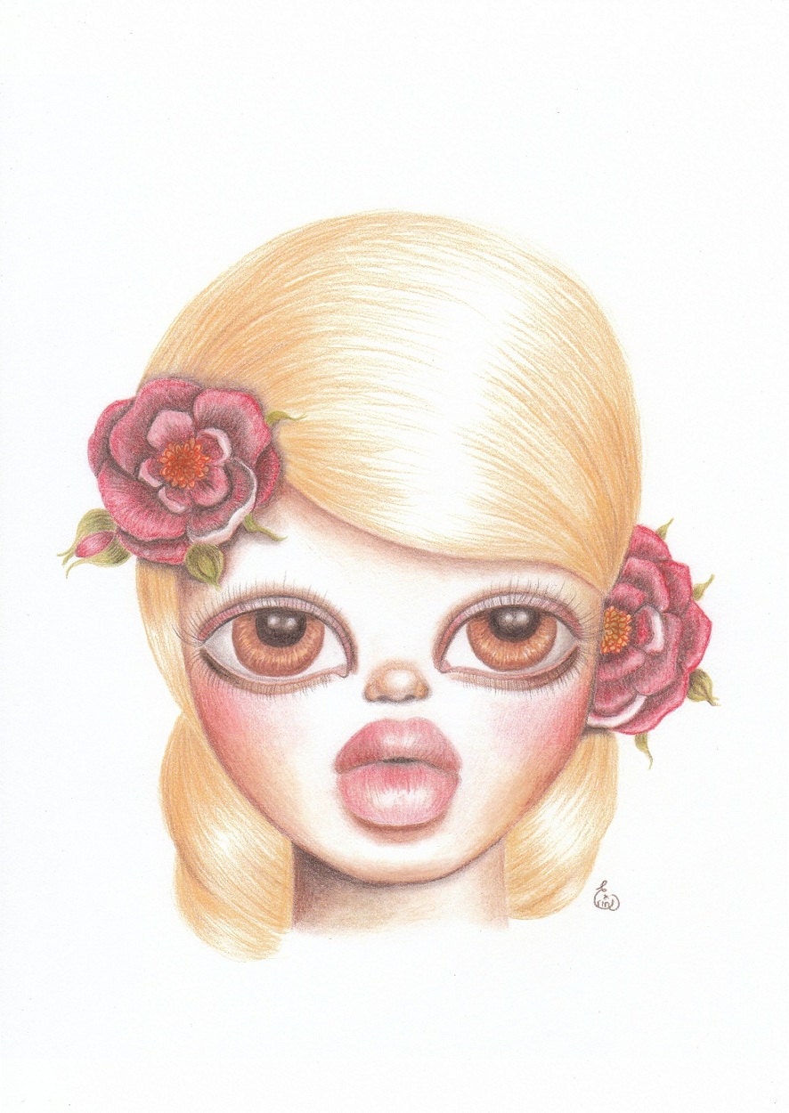 Girl and pink roses drawing art print 8x10