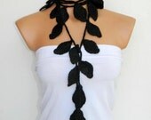 Black scarves,Hand made crochet black ivy leafs Lariat Scarf. Fashion Flower Scarves, Necklace...