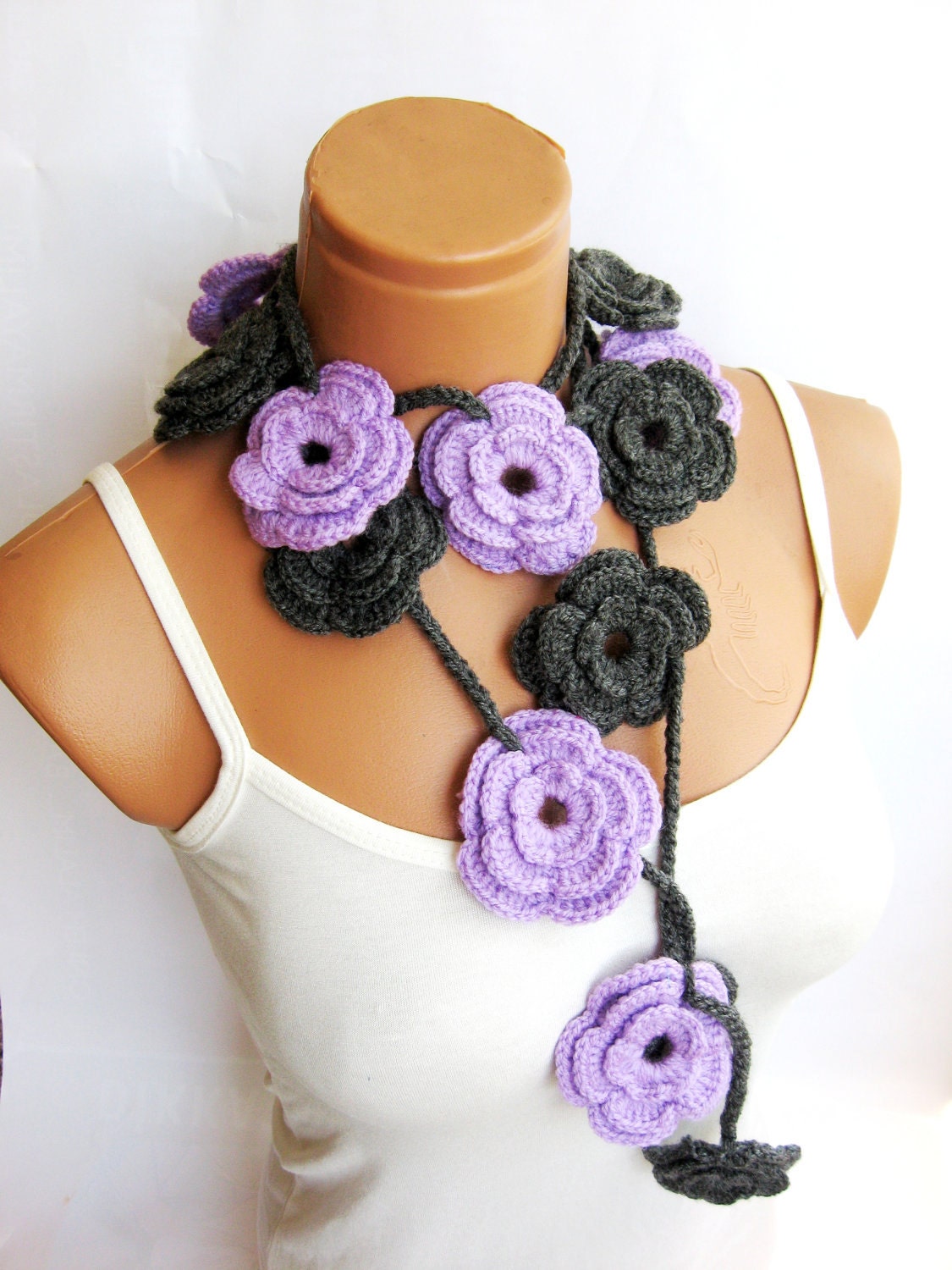 Crochet lariat scarf,,rose lariat scarf. Lavender lilac, gray, . Fashion Flower Scarves, Necklace...